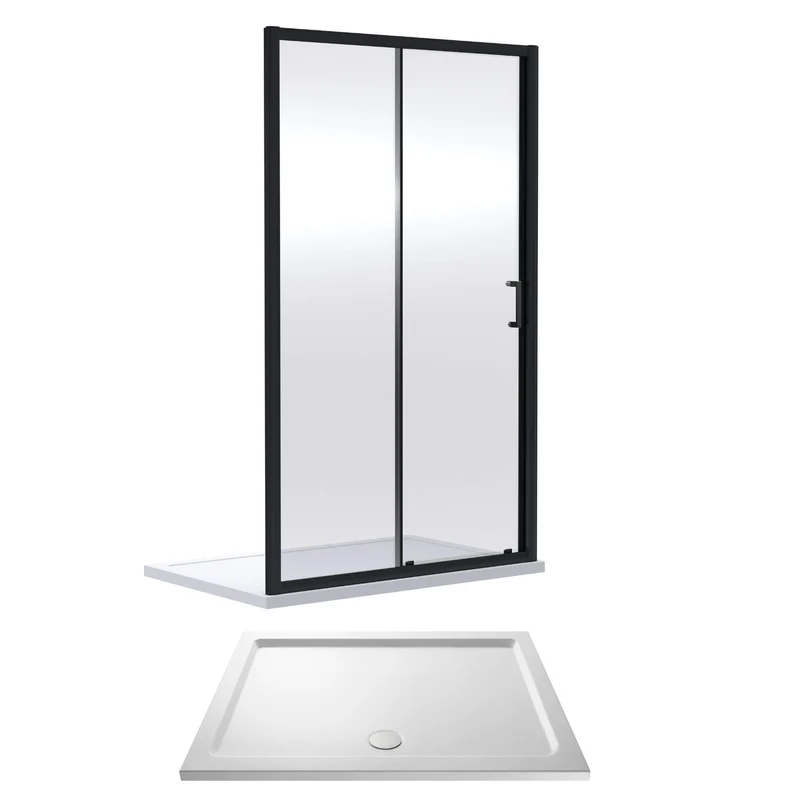 Porto Matt Black 6mm Sliding Shower Door With White Stone Resin Tray & Waste
