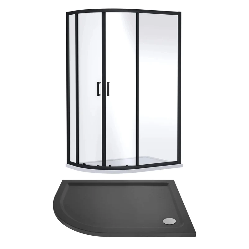 Porto Matt Black 6mm Offset Quadrant Shower Enclosure With Slate Effect Stone Resin Tray & Waste