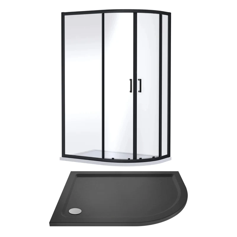 Porto Matt Black 6mm Offset Quadrant Shower Enclosure With Slate Effect Stone Resin Tray & Waste