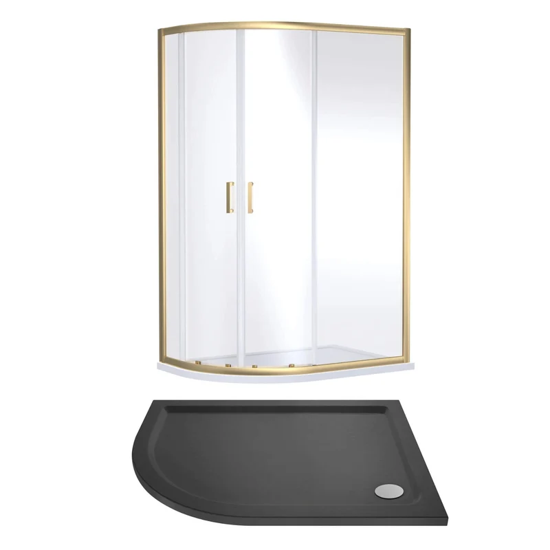 Porto Brushed Brass 6mm Offset Quadrant Shower Enclosure With Slate Effect Stone Resin Tray & Waste