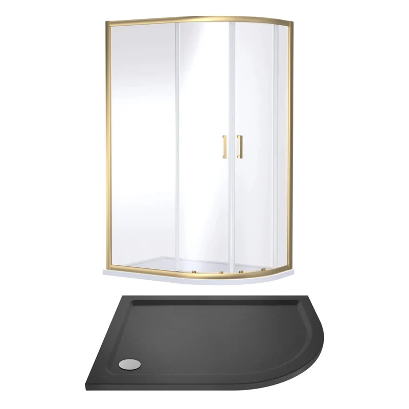 Porto Brushed Brass 6mm Offset Quadrant Shower Enclosure With Slate Effect Stone Resin Tray & Waste
