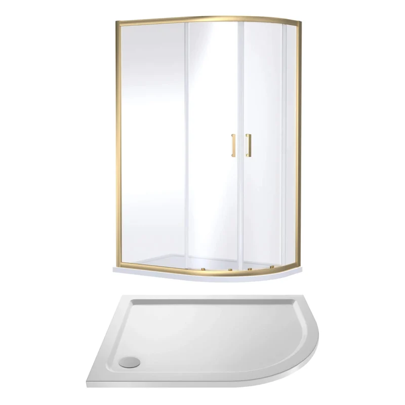 Porto Brushed Brass 6mm Offset Quadrant Shower Enclosure With White Stone Resin Tray & Waste