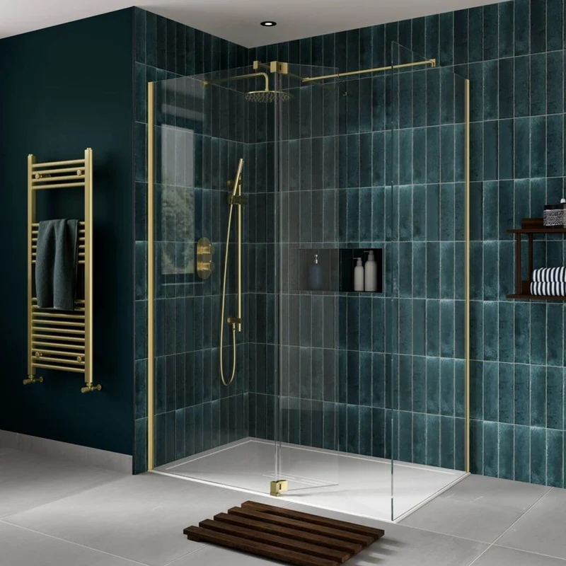 Lustre 8mm Brushed Brass 2000mm Walk-In Shower Screen with SlimStone Elements Anti-Slip 25mm Shower Tray