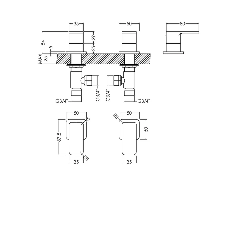 Nuie Windon 3/4" Side Valves Contemporary Chrome Brass 55x50x80mm