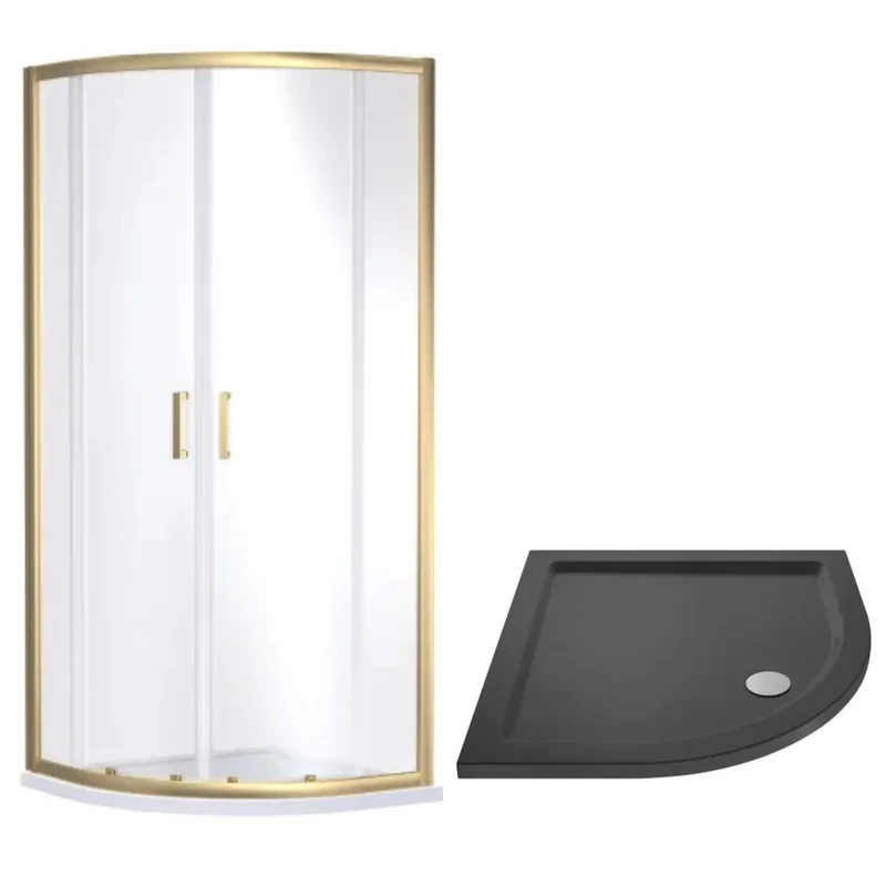 Porto Brushed Brass 6mm Quadrant Shower Enclosure With Slate Effect Stone Resin Tray & Waste
