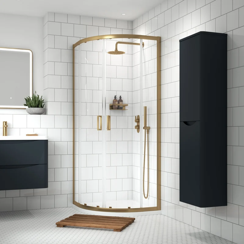 Porto Brushed Brass 6mm Quadrant Shower Enclosure With White Stone Resin Tray & Waste