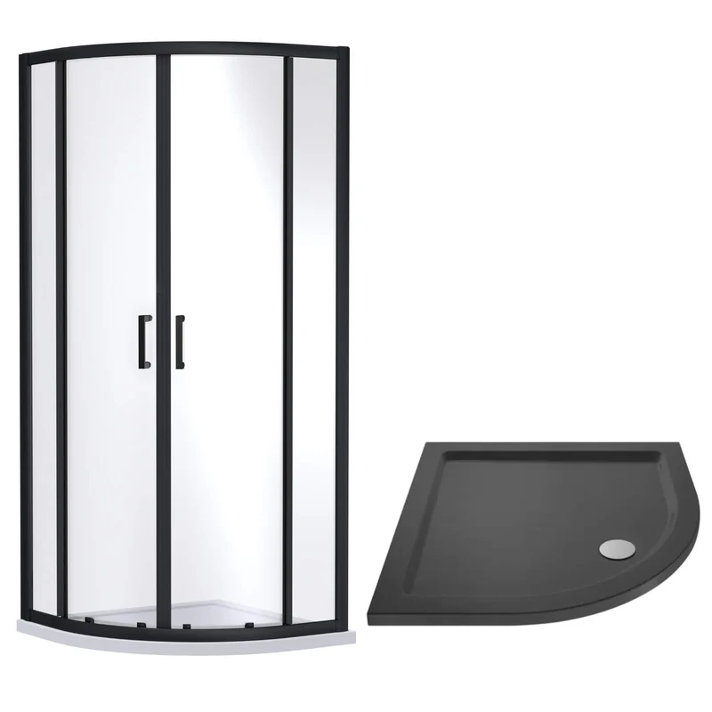 Porto Matt Black 6mm Quadrant Shower Enclosure With Slate Effect Stone Resin Tray & Waste