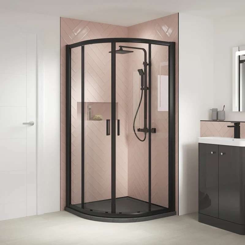 Porto Matt Black 6mm Quadrant Shower Enclosure With Slate Effect Stone Resin Tray & Waste