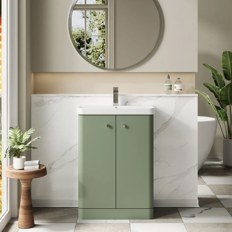 Core 600 x 335mm Floor Standing Cloakroom Vanity Unit With 2 Doors & Ceramic Basin - Satin Green