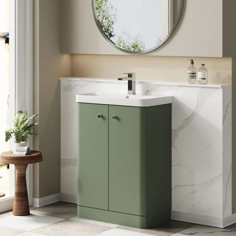 Core 600 x 335mm Floor Standing Cloakroom Vanity Unit With 2 Doors & Ceramic Basin - Satin Green