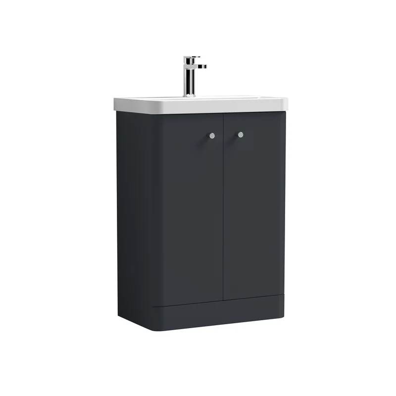 Core 600 x 335mm Floor Standing Cloakroom Vanity Unit With 2 Doors & Ceramic Basin - Satin Soft Black