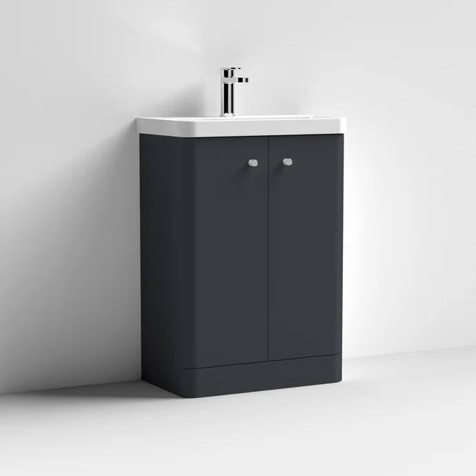 Core 600 x 335mm Floor Standing Cloakroom Vanity Unit With 2 Doors & Ceramic Basin - Satin Soft Black