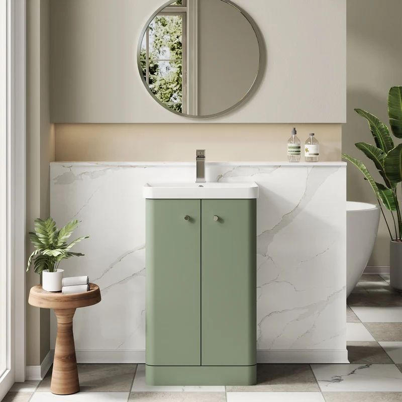 Core 500 x 335mm Floor Standing Cloakroom Vanity Unit With 2 Doors & Ceramic Basin - Satin Green