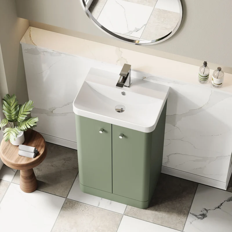 Core 500 x 335mm Floor Standing Cloakroom Vanity Unit With 2 Doors & Ceramic Basin - Satin Green