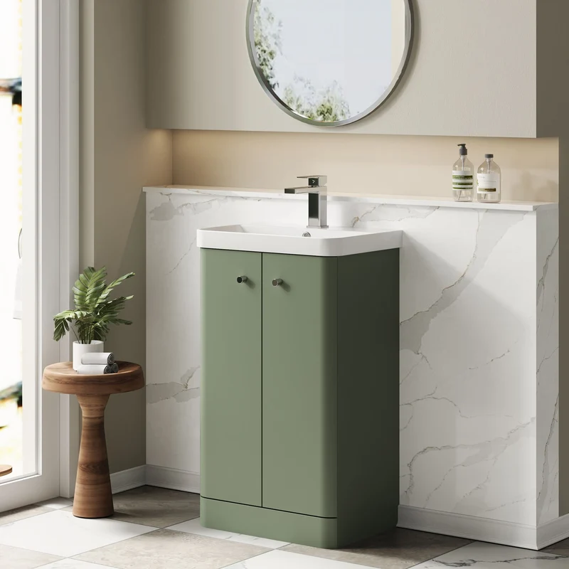 Core 500 x 335mm Floor Standing Cloakroom Vanity Unit With 2 Doors & Ceramic Basin - Satin Green