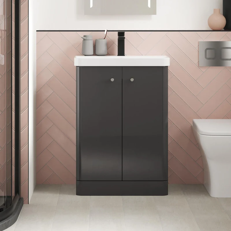 Core 500 x 335mm Floor Standing Cloakroom Vanity Unit With 2 Doors & Ceramic Basin - Satin Soft Black