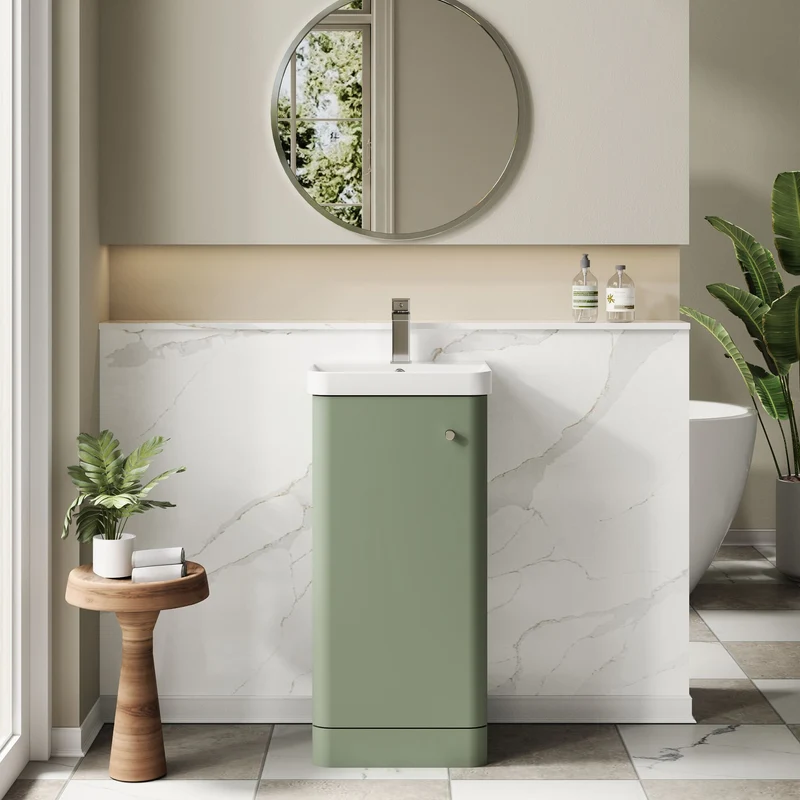 Core 400 x 335mm Floor Standing Cloakroom Vanity Unit With 1 Door & Ceramic Basin - Satin Green