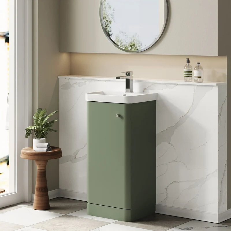 Core 400 x 335mm Floor Standing Cloakroom Vanity Unit With 1 Door & Ceramic Basin - Satin Green