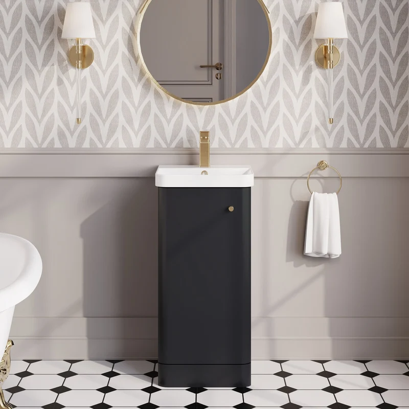 Core 400 x 335mm Floor Standing Cloakroom Vanity Unit With 1 Door & Ceramic Basin - Satin Soft Black