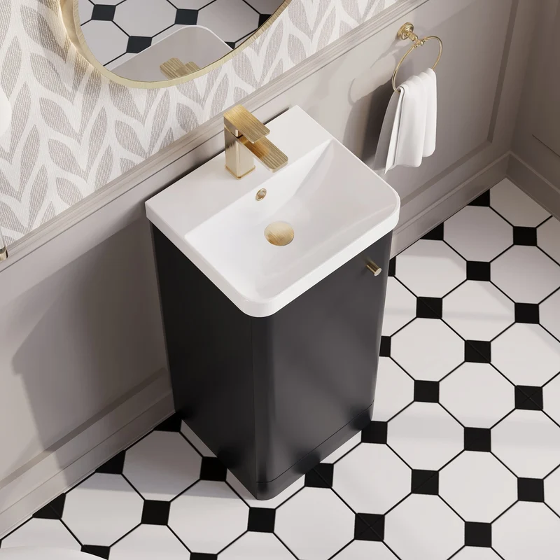 Core 400 x 335mm Floor Standing Cloakroom Vanity Unit With 1 Door & Ceramic Basin - Satin Soft Black