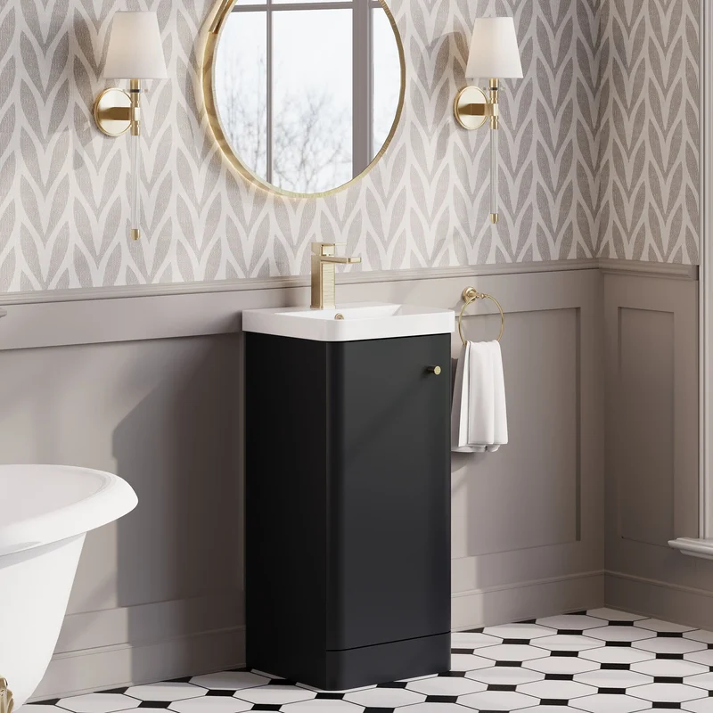 Core 400 x 335mm Floor Standing Cloakroom Vanity Unit With 1 Door & Ceramic Basin - Satin Soft Black