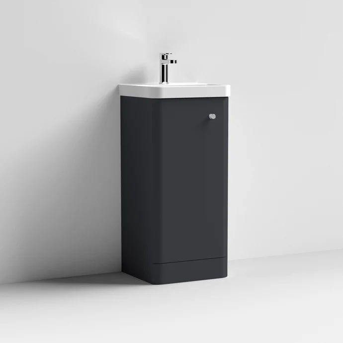 Core 400 x 335mm Floor Standing Cloakroom Vanity Unit With 1 Door & Ceramic Basin - Satin Soft Black