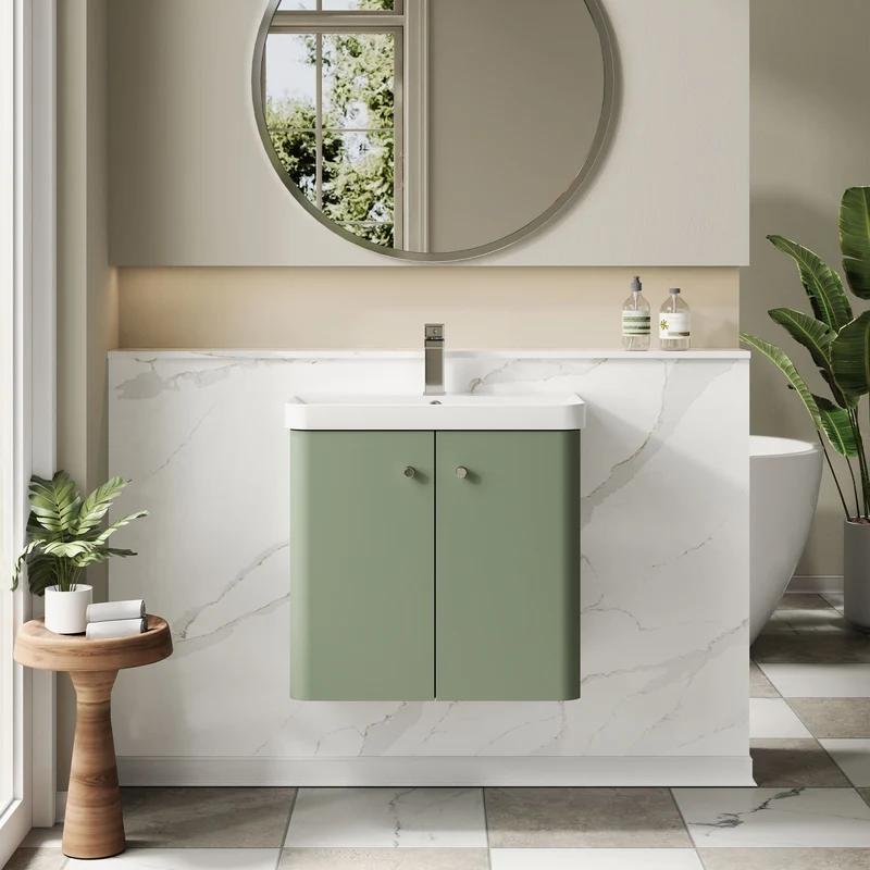 Core 600 x 335mm Wall Hung Cloakroom Vanity Unit With 2 Doors & Ceramic Basin - Satin Green