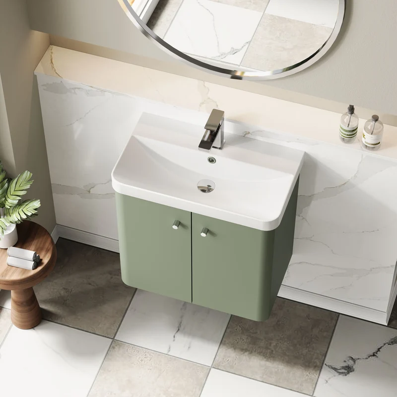 Core 600 x 335mm Wall Hung Cloakroom Vanity Unit With 2 Doors & Ceramic Basin - Satin Green