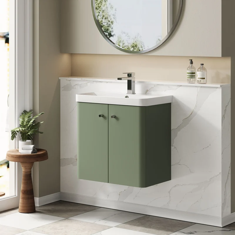 Core 600 x 335mm Wall Hung Cloakroom Vanity Unit With 2 Doors & Ceramic Basin - Satin Green