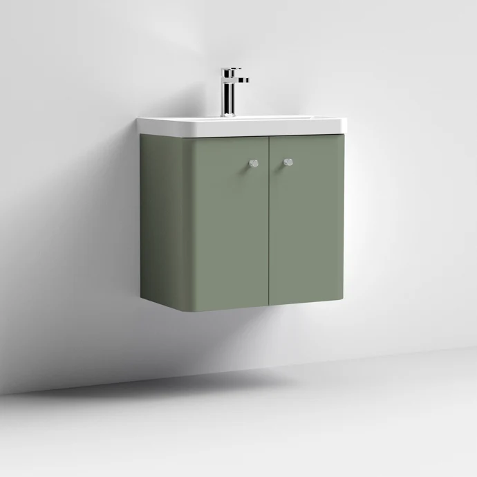 Core 600 x 335mm Wall Hung Cloakroom Vanity Unit With 2 Doors & Ceramic Basin - Satin Green