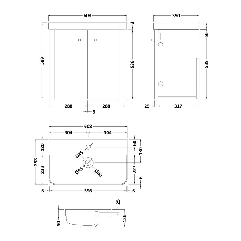 Core 600 x 335mm Wall Hung Cloakroom Vanity Unit With 2 Doors & Ceramic Basin - Satin Soft Black