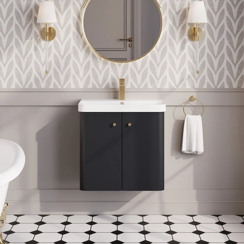 Core 600 x 335mm Wall Hung Cloakroom Vanity Unit With 2 Doors & Ceramic Basin - Satin Soft Black