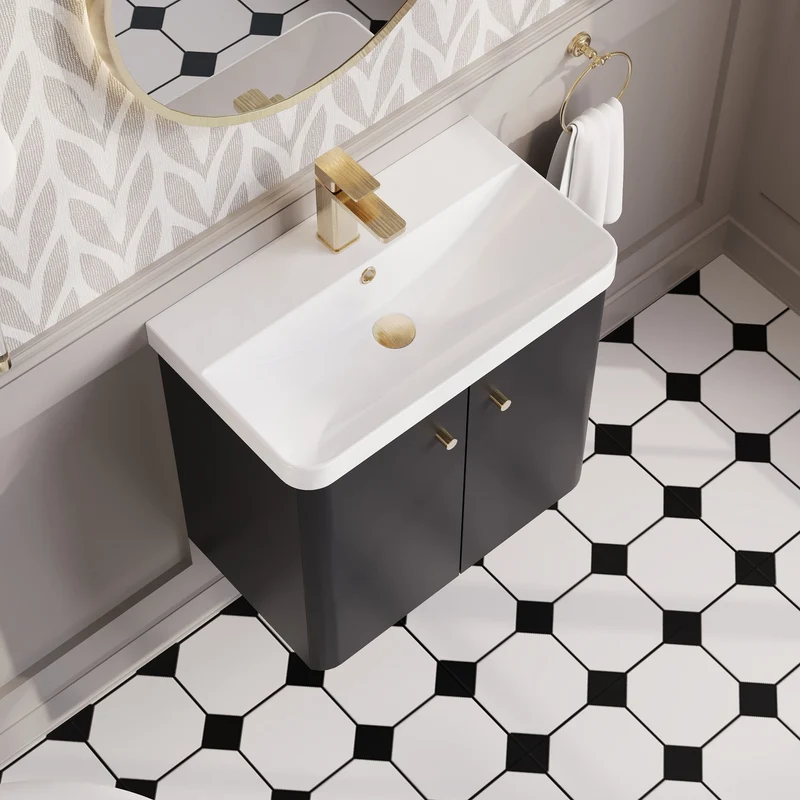 Core 600 x 335mm Wall Hung Cloakroom Vanity Unit With 2 Doors & Ceramic Basin - Satin Soft Black