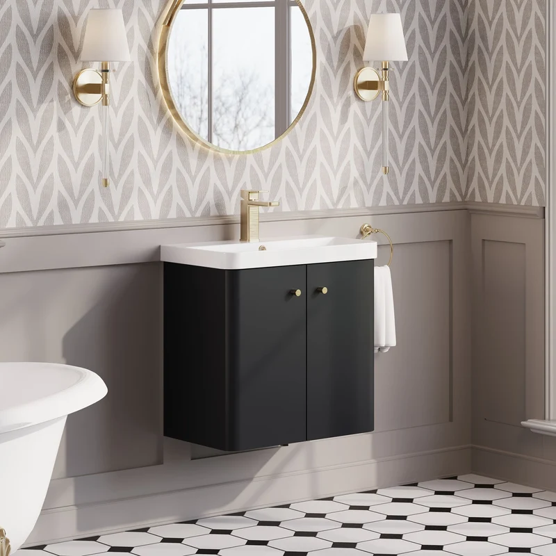 Core 600 x 335mm Wall Hung Cloakroom Vanity Unit With 2 Doors & Ceramic Basin - Satin Soft Black