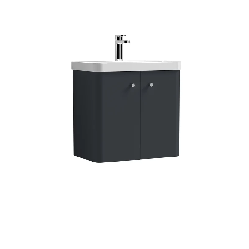 Core 600 x 335mm Wall Hung Cloakroom Vanity Unit With 2 Doors & Ceramic Basin - Satin Soft Black