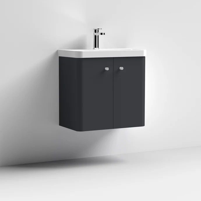Core 600 x 335mm Wall Hung Cloakroom Vanity Unit With 2 Doors & Ceramic Basin - Satin Soft Black