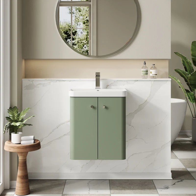 Core 500 x 335mm Wall Hung Cloakroom Vanity Unit With 2 Doors & Ceramic Basin - Satin Green