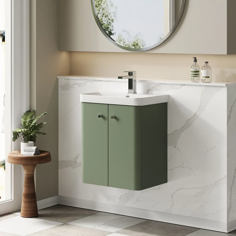 Core 500 x 335mm Wall Hung Cloakroom Vanity Unit With 2 Doors & Ceramic Basin - Satin Green