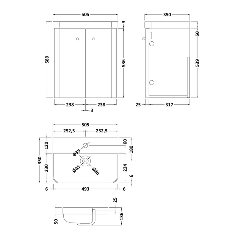 Core 500 x 335mm Wall Hung Cloakroom Vanity Unit With 2 Doors & Ceramic Basin - Satin Soft Black
