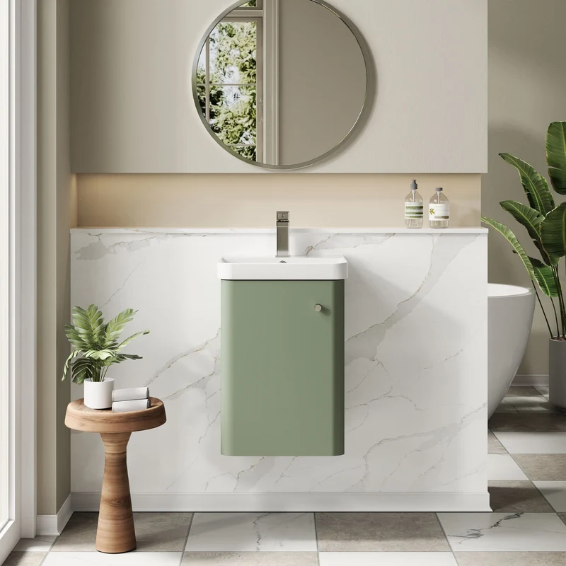 Core 400 x 335mm Wall Hung Cloakroom Vanity Unit With 1 Door & Ceramic Basin - Satin Green