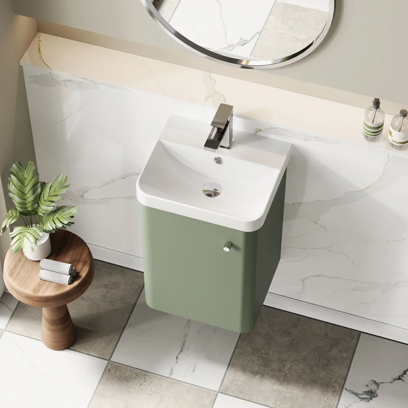 Core 400 x 335mm Wall Hung Cloakroom Vanity Unit With 1 Door & Ceramic Basin - Satin Green