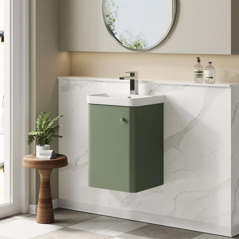 Core 400 x 335mm Wall Hung Cloakroom Vanity Unit With 1 Door & Ceramic Basin - Satin Green