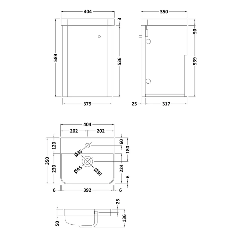 Core 400 x 335mm Wall Hung Cloakroom Vanity Unit With 1 Door & Ceramic Basin - Gloss White