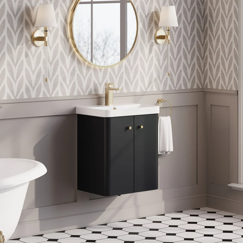 Core 500 x 335mm Wall Hung Cloakroom Vanity Unit With 2 Doors & Ceramic Basin - Satin Soft Black