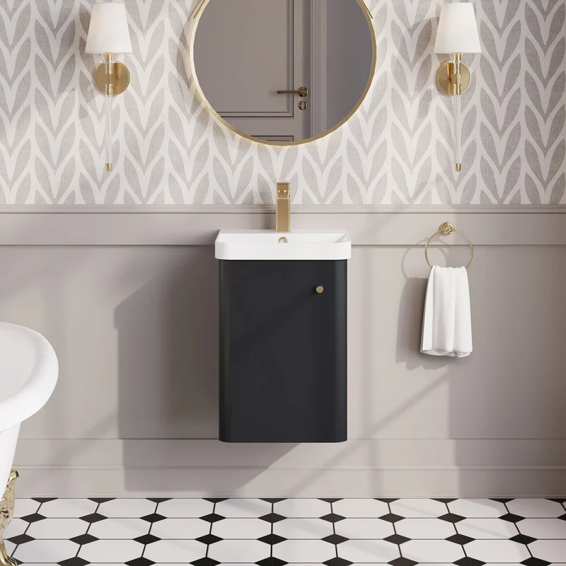 Core 400 x 335mm Wall Hung Cloakroom Vanity Unit With 1 Door & Ceramic Basin - Satin Soft Black