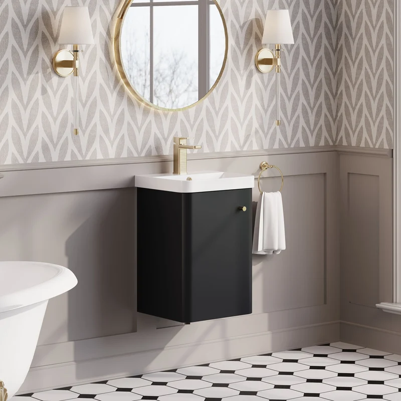 Core 400 x 335mm Wall Hung Cloakroom Vanity Unit With 1 Door & Ceramic Basin - Satin Soft Black