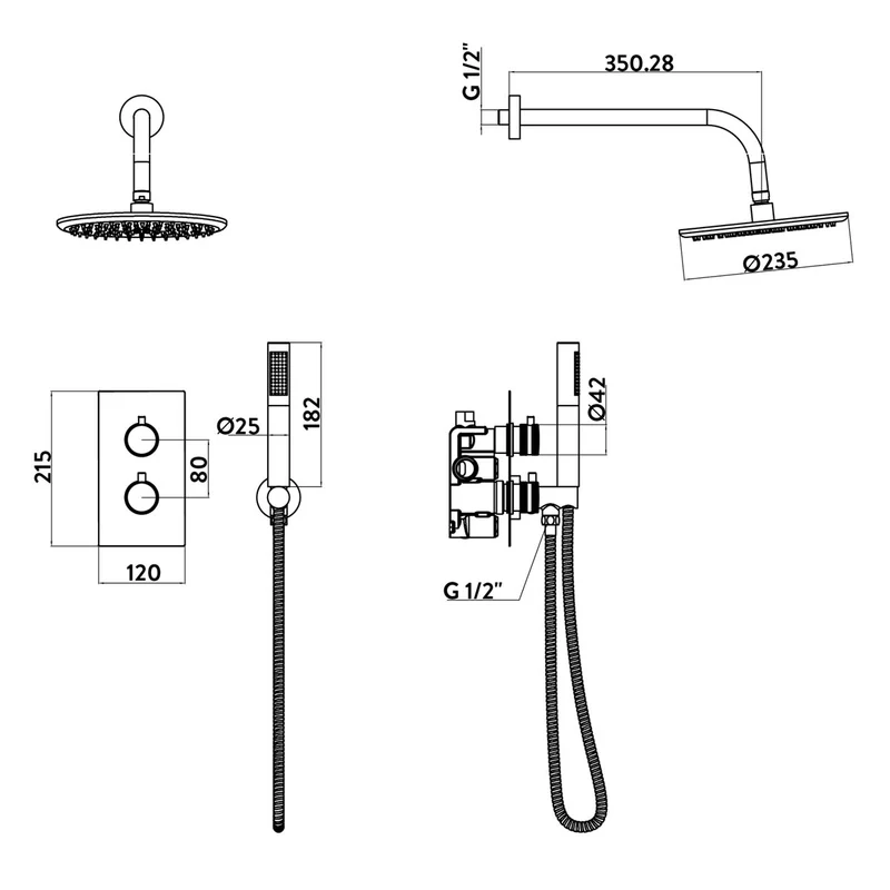 Eliseo Ricci Exclusiv - Brushed Bronze Round Handle Shower arm Drench head Handset & mounting bracket