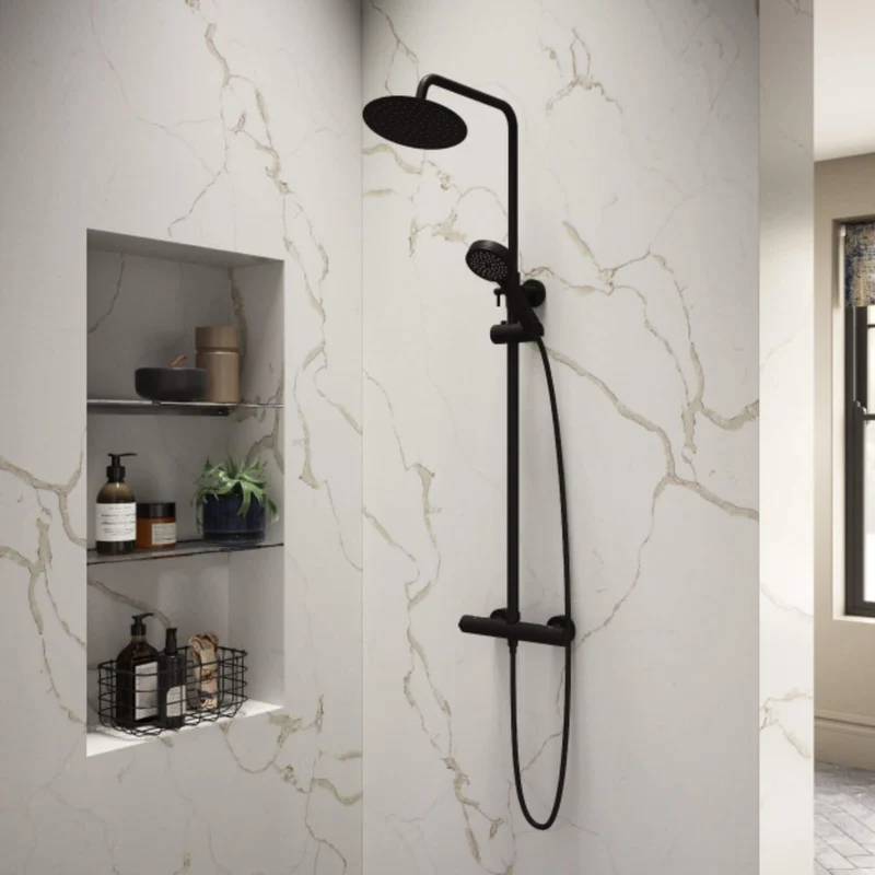 Lux Round Exposed Thermostatic Shower With 200mm Slim Overhead & Slide Rail Kit - Matt Black