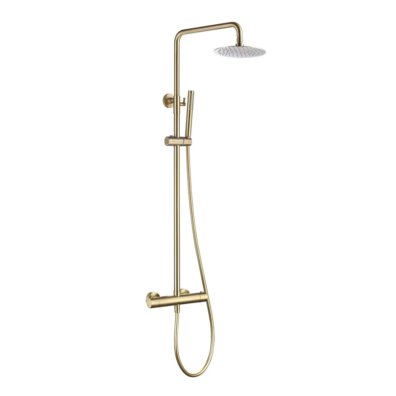 Lux Round Exposed Thermostatic Shower With 200mm Slim Overhead & Slide Rail Kit - Brushed Brass