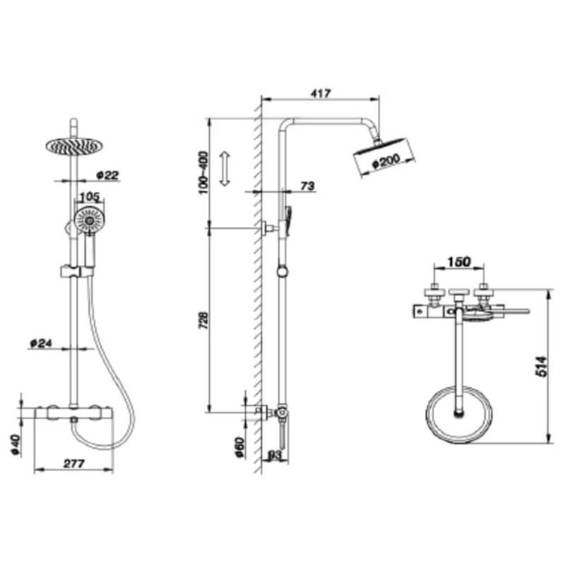 Lux Round Exposed Thermostatic Shower With 200mm Slim Overhead & Slide Rail Kit - Chrome